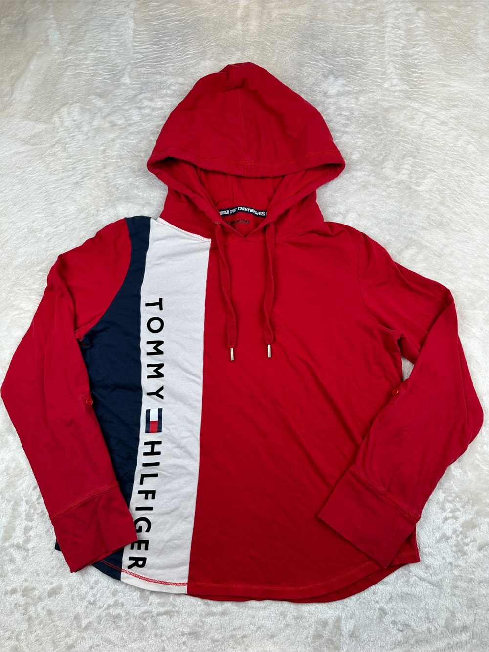 Tommy Hilfiger Sport Women L Red Colorblock Logo Lightweight Pullover Hoodie